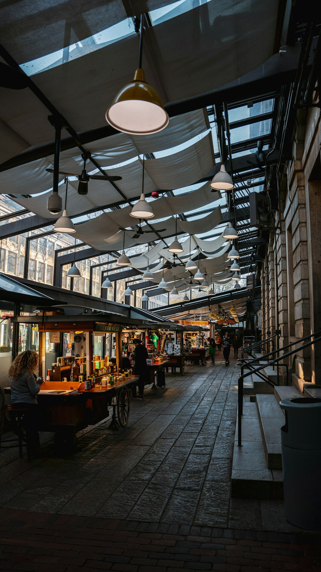 Busy Danish street food market hall with visitors browsing stalls