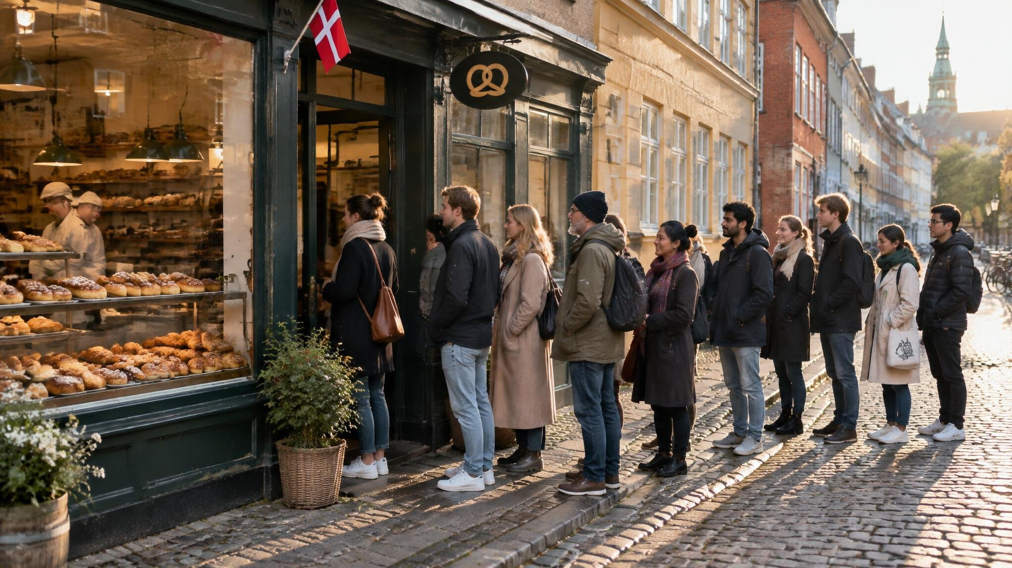 People queuing outside a small Danish bakery early in the morning