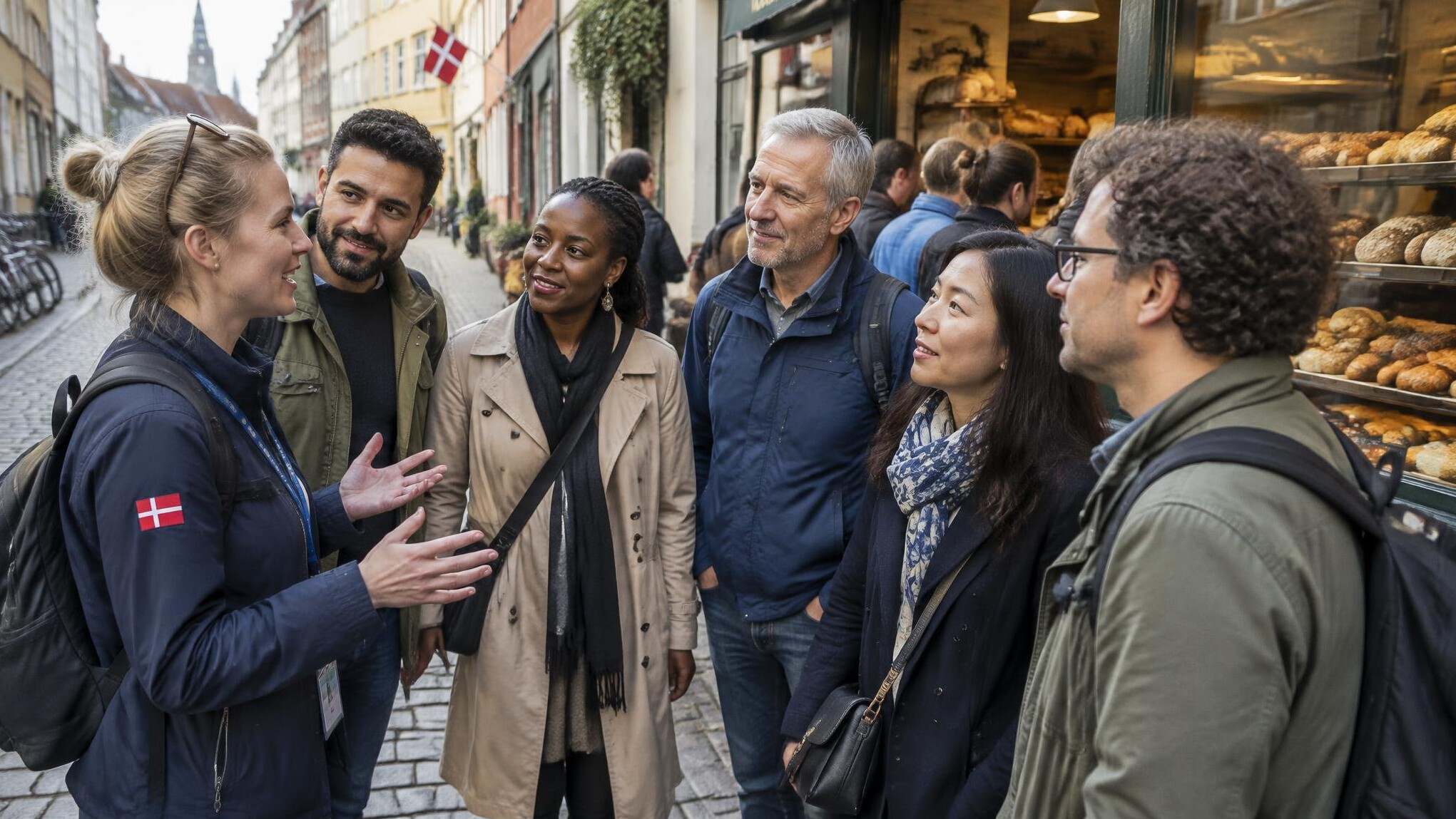 Guide leading a small group of visitors through a Danish market queue